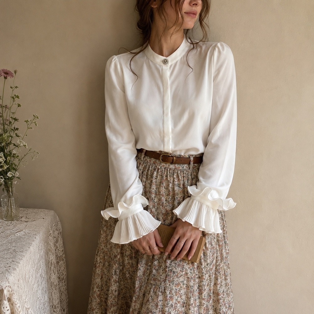 Alexis White Coquette Poetcore Pearl Button Blouse Large Romantic Ruffle